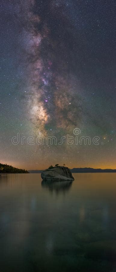 Milky Way Galaxy Panorama Over Bonsai Rock Lake Tahoe Stock Photo