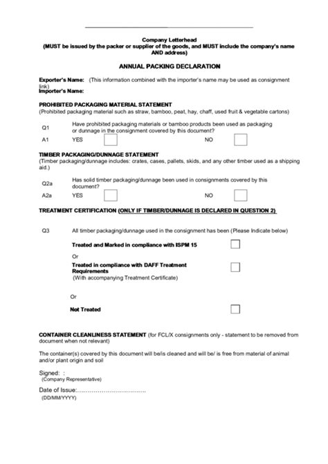 Annual Packing Declaration Form Printable Pdf Download