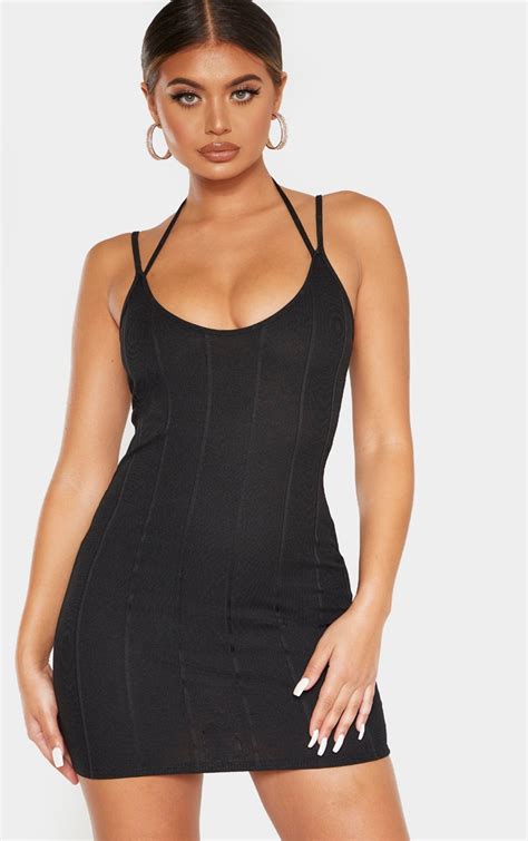 Black Double Strap Detail Ribbed Bodycon Prettylittlething Aus