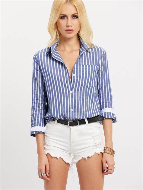Blue White Lapel Vertical Stripe Pocket Blouse Blue And White Striped Shirt Blue And White
