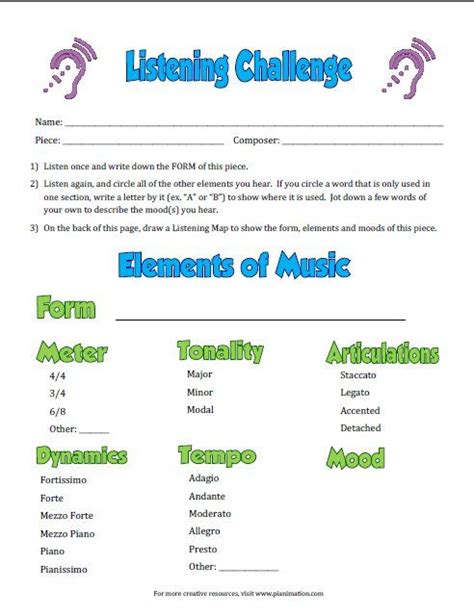 Listening Challenge Worksheets Elementary Music