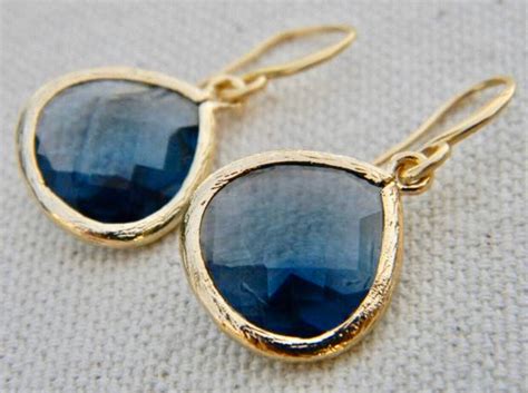 Navy Earrings Sapphire Blue Dangle Earrings Trimmed In Gold Etsy