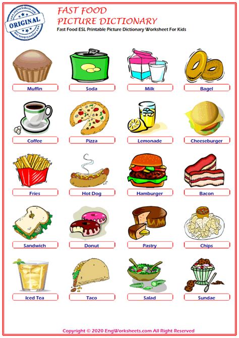 Fast Food Esl Printable Picture Dictionary Worksheet For Kids Pdf