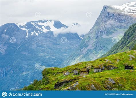 Norwegian Mountain Village With Traditional Turf Roof Houses Geiranger