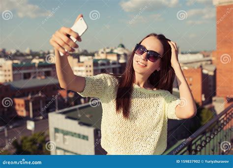 Young Woman Tourist Taking Selfie On Smartphone Stock Photo Image Of