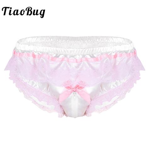 Tiaobug Men Shiny Satin Hot Sissy Panties Lingerie Pink Ruffle Floral