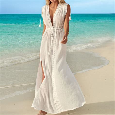 Sexy V Neck Summer Beach Dress White Cotton Tunic Women Beachwear