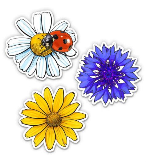 Pretty Field Flowers With Ladybug Cute Set 5 Each Vinyl Stickers