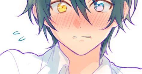 Eye color black blue brown green gray orange purple red white yellow pink blue / green not visible. Anime boy, blushing, two different colored eyes, yellow eye, blue eye, black hair, white shirt ...