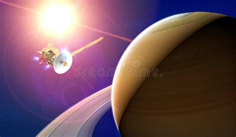 Vue De La Planète Saturne Avec Anneaux Sonde De Cassini En Exploration