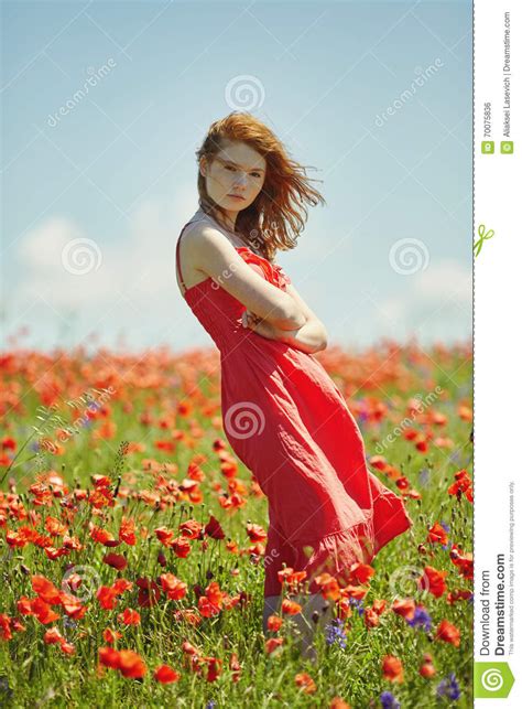 Red Haired Beautiful Girl In Poppy Field Stock Photo