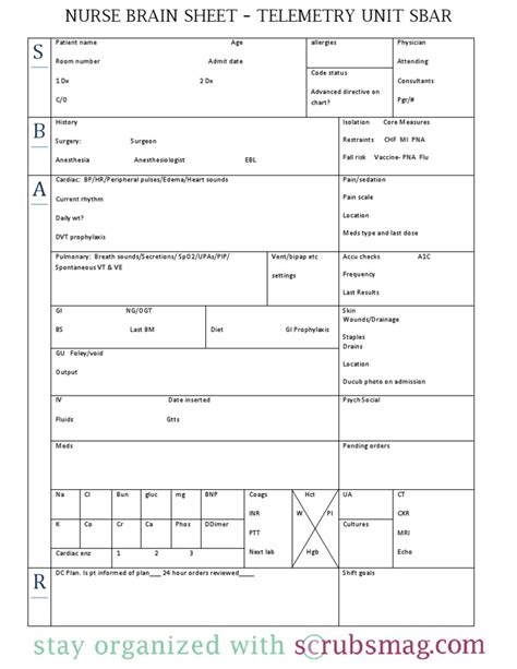 Nurse Brain Sheet Telemetry Unit SBAR