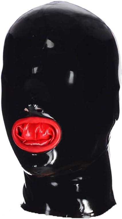Exlatex Latex Hood Mask Rubber Mouth With Inner Red Condom Asphyxia Mask Without Zipper Black