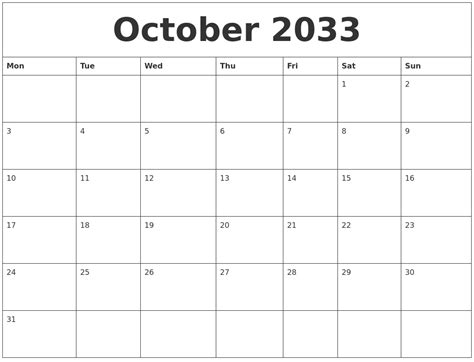 October 2033 Calendar Printable Free