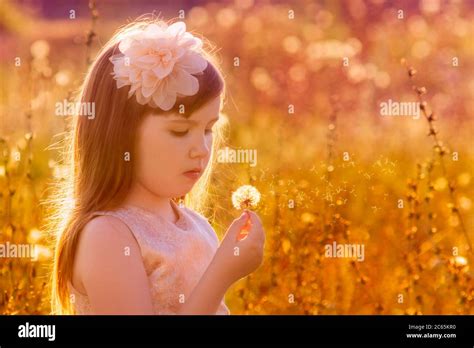 Allergy Season Lovely Little Girl Outdoor Blowing Dandelion Over
