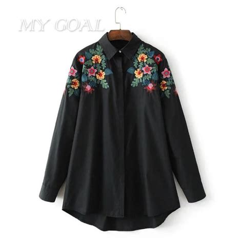 Floral Embroidered Blouse Shirt Women Slim White Tops Casual Long