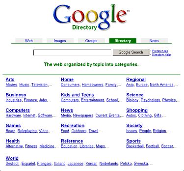 Google has recently updated the google directory listings, which use the netscape open directory project (dmoz) as their base of information. subject directory - classifies web pages in an organized ...