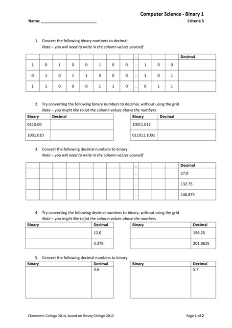 Worksheet Activity More On Binary Numbers Answers