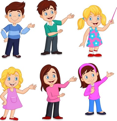 Niños De Dibujos Animados Con Diferentes Poses Vector Premium