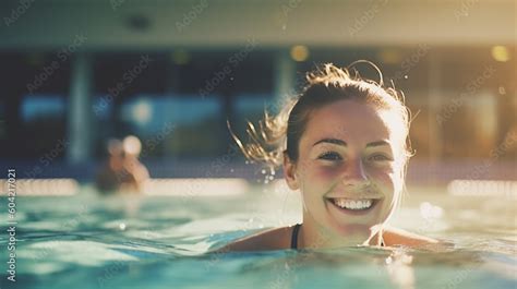 Young Adult Woman In Swimming Pool Wellness Spa Or Hotel Or Public