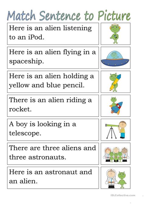 Come in, learn the word translation sentence and add them to your flashcards. Match Sentence to Pictures: Space - English ESL Worksheets ...