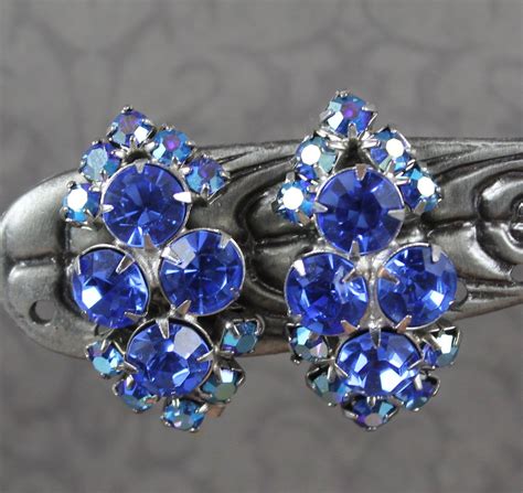 Vintage Royal Blue Silver Tone Cluster Clip On Earrings 15 Vintage