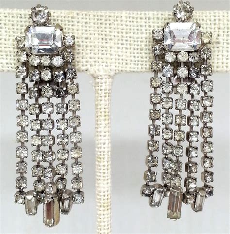 Rhinestone Dangle Clip Earrings Silver Tone Bridal Prom Costume