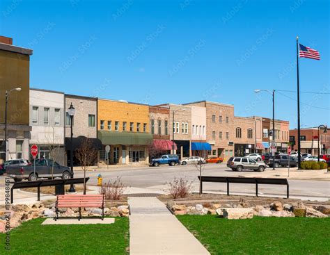 Downtown Main Street Storefronts And Park In Small Town Usa Midwest