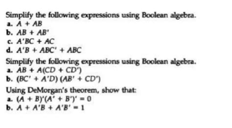 solved simplify the following expressions using boolean
