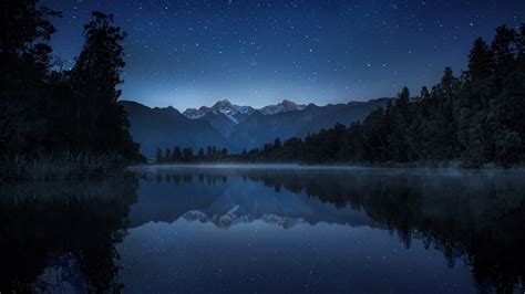 1920x1080 1920x1080 Mountains Reflection Haze Lake Stars Night