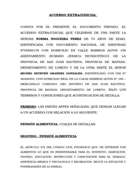 Acuerdo Extrajudicial De Alimentos Pdf