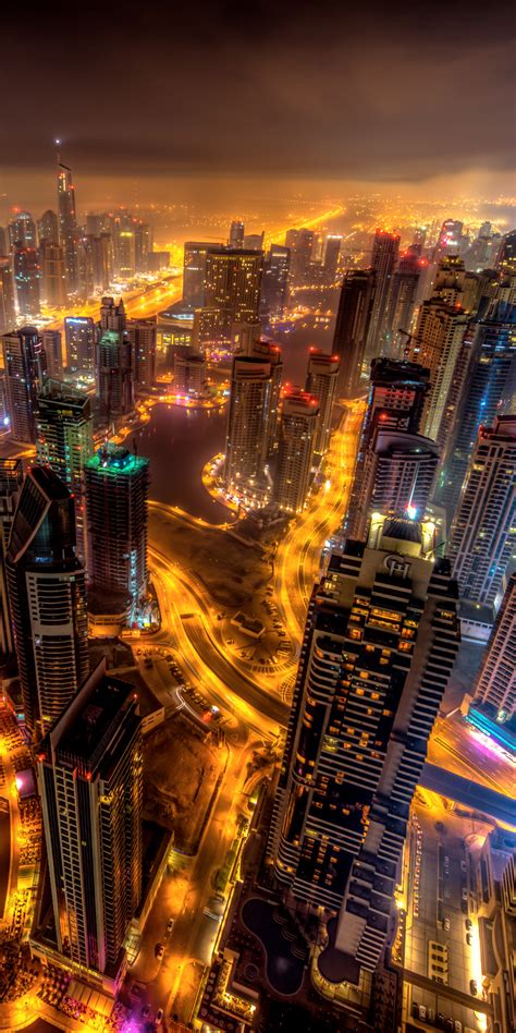 1080x2160 Dubai Buildings Night Lights Top View 8k One