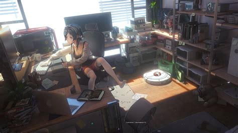 Download Headphones Working Desk Anime Wallpaper