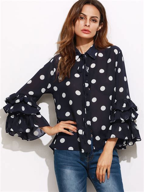 textured dots layered ruffle sleeve blouse sheer shirt blouse layered ruffle sleeve blouse