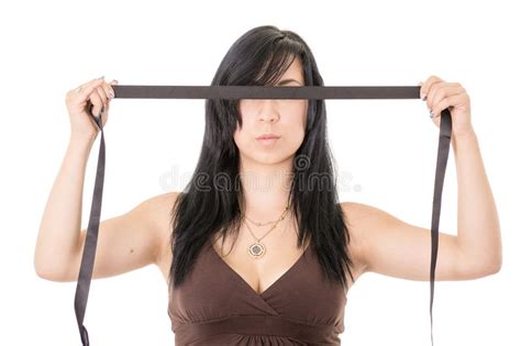 Hispanic Young Woman Blindfolded Black Cloth Stock Image Image Of