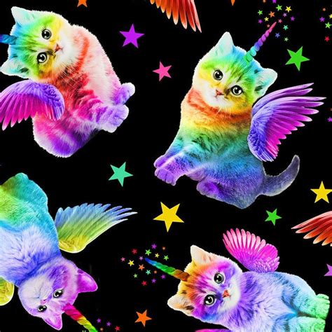 Rainbow Unicorn Cats Caticorn Black Fabric Neon Cat Etsy