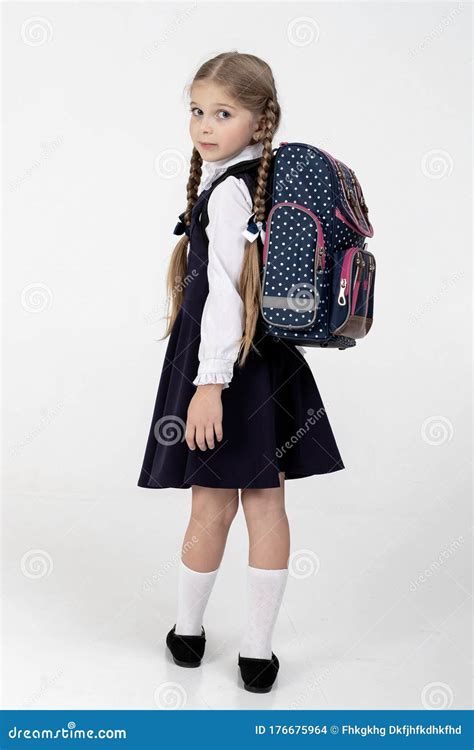 Young School Girl Ready For School Little Pupil Is Going To School