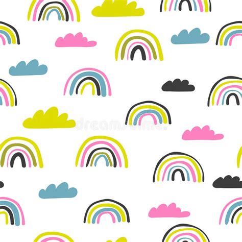 Hand Drawn Seamless Pattern With Rainbows Clouds Bright Stars And