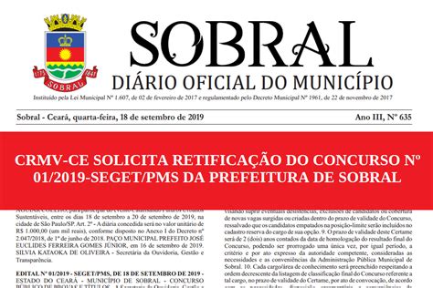 CRMV CE SOLICITA RETIFICAÇÃO DO CONCURSO Nº SEGET PMS DA PREFEITURA DE SOBRAL