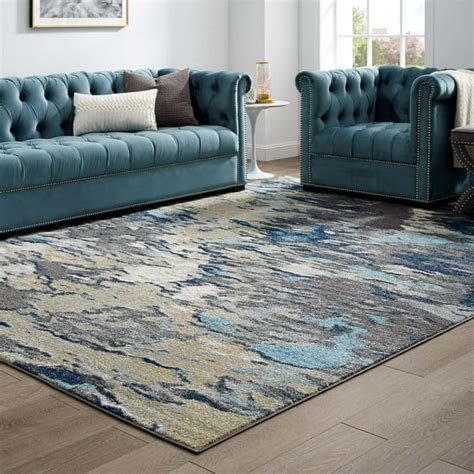Entourage Foliage Contemporary Modern Abstract 8x10 Area Rug In Blue