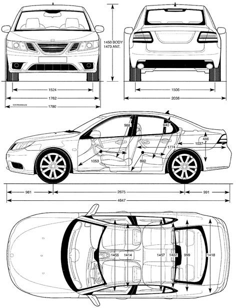 2008 Saab 9 3 Sedan Blueprints Free Outlines