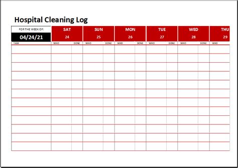 Hospital Cleaning Log Template For Ms Excel Download Free