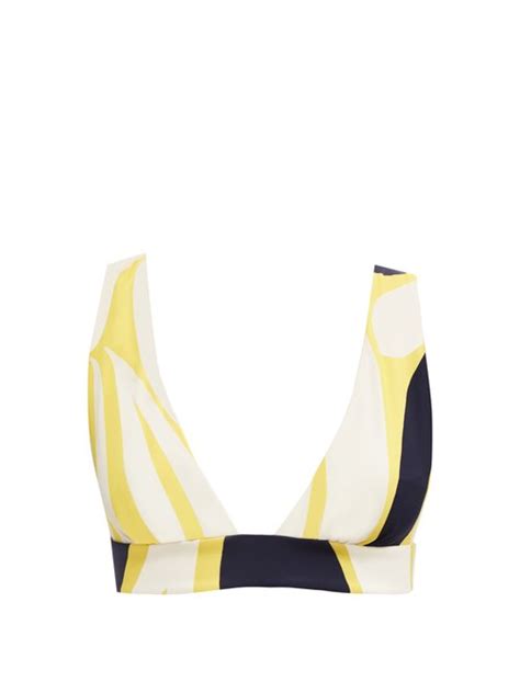 Cala De La Cruz Isabella Leaf Print Triangle Bikini Top Yellow White