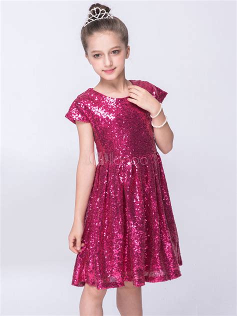 Sequin Pageant Dresses Kids Light Gold A Line Knee Length Short Sleeve