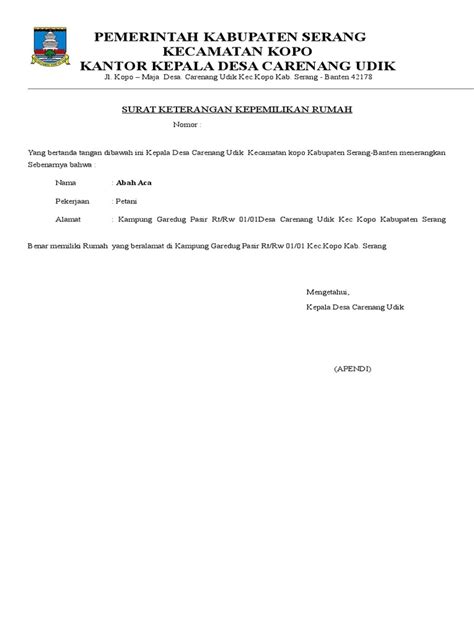 Contoh Surat Keterangan Kepemilikan Rumah Dari Rt Rw Kumpulan Surat