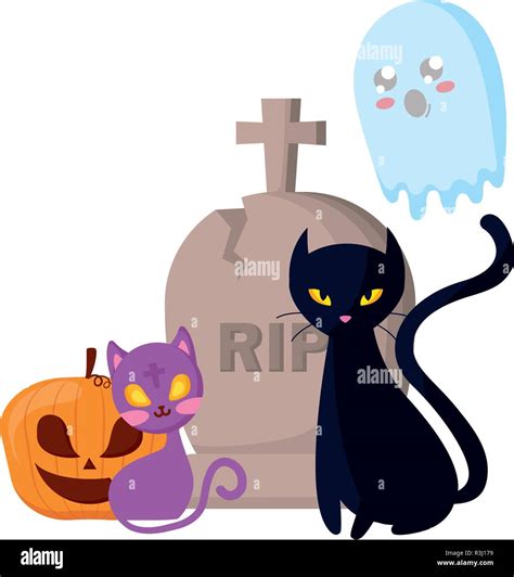 Ghost And Pumpkin Cat Ghost Grave Halloween Celebration Vector Illustration Stock Vector Image