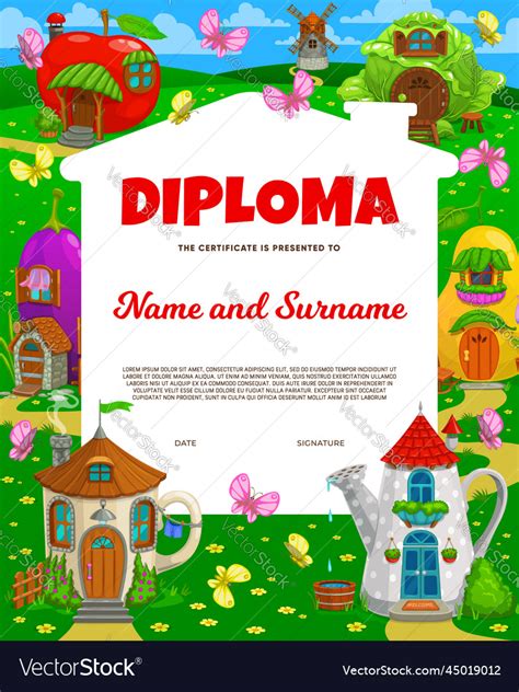 Kids Diploma Fairy Magic Houses And Elf Village Vector Image