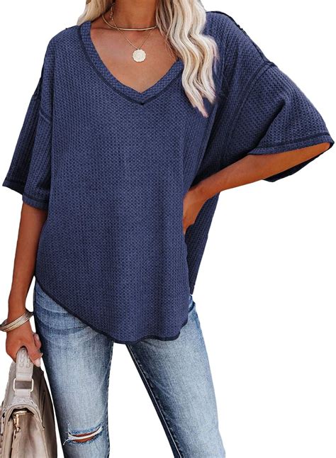 Buy Dokotoo Womens Plus Size Summer V Neck Waffle Knit Short Sleeve Tunic Tops Casual Loose Fit