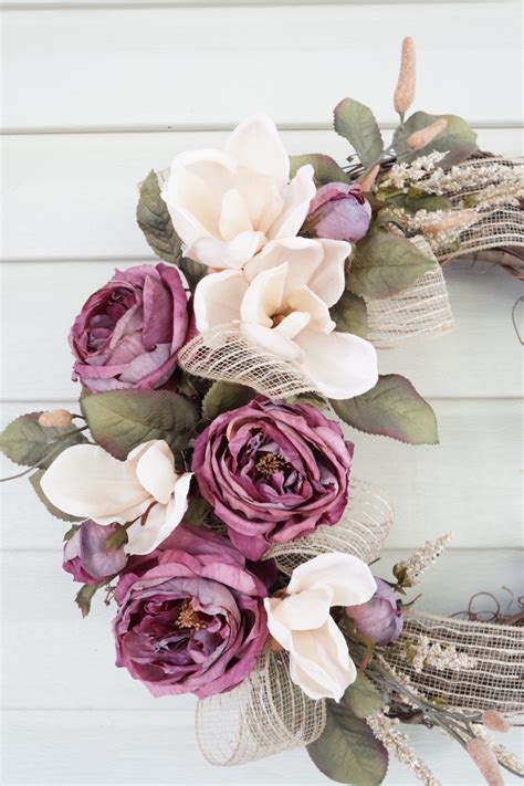 Fall Wreath Purple Roses Magnolias And Burlap By Brandybydesignltd
