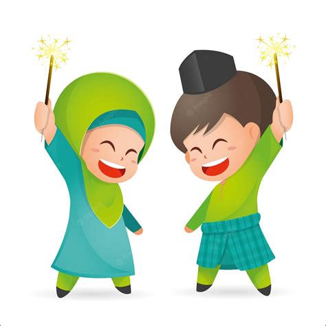 Premium Vector 2 Cute Muslim Kids Having Fun With Sparklers In Eid Al